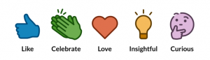 Les 5 réactions de LinkedIn : Like, Célébrer, J'adore, Inspirant et Curieux. Crédit : LinkedIn.